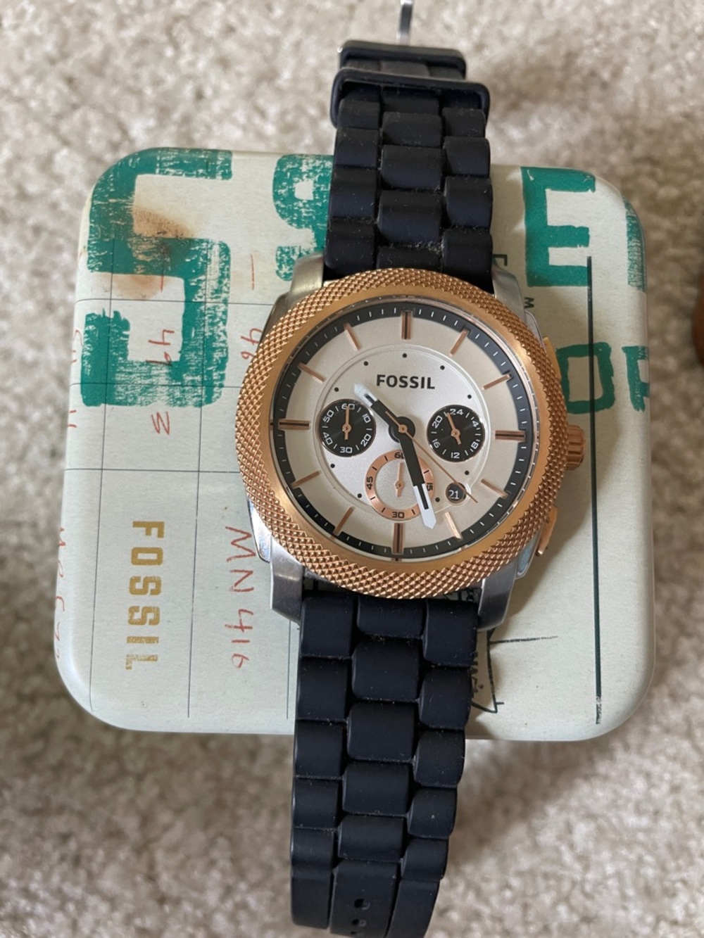 Fossil Rose Gold Bezel Chronograph with Black Strap